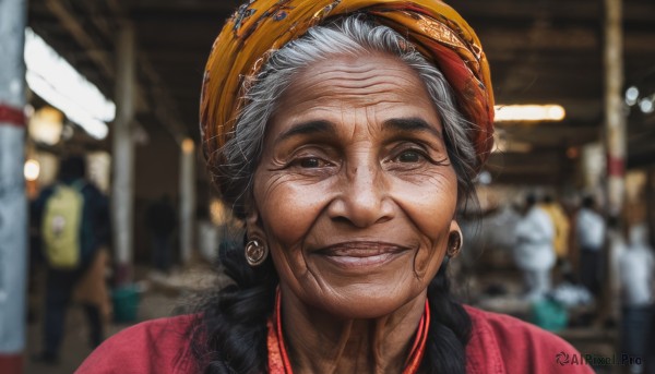 1girl,solo,long hair,looking at viewer,smile,black hair,hat,jewelry,braid,grey hair,earrings,parted lips,solo focus,grin,blurry,black eyes,twin braids,lips,depth of field,blurry background,portrait,realistic,old,old woman,wrinkled skin,teeth