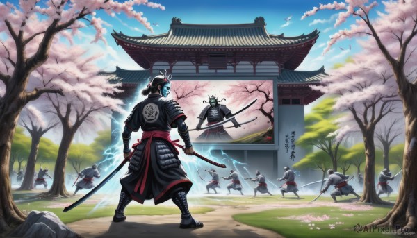 black hair,holding,standing,weapon,flower,male focus,outdoors,japanese clothes,multiple boys,sky,day,sword,artist name,cloud,from behind,holding weapon,armor,tree,blue sky,petals,glowing,watermark,holding sword,katana,helmet,grass,cherry blossoms,shoulder armor,sheath,glowing eyes,web address,dual wielding,6+boys,rock,electricity,battle,japanese armor,scabbard,architecture,east asian architecture,lightning,statue,kote,samurai,kusazuri,kabuto (helmet),hat,signature,mask,bird,polearm,building,scenery,ninja,multiple others,unsheathed,sode,banner,oni mask,stone lantern