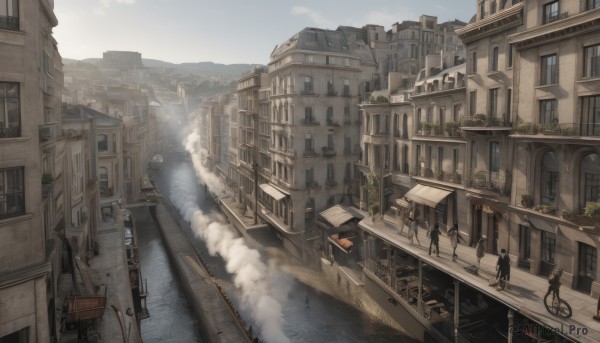 outdoors,multiple boys,sky,day,cloud,water,tree,no humans,window,ground vehicle,building,scenery,smoke,6+boys,stairs,city,railing,road,cityscape,watercraft,house,bridge,lamppost,street,river,bicycle,town,people,multiple girls,2girls,sunlight,plant,steam,motor vehicle,silhouette,fog,cart