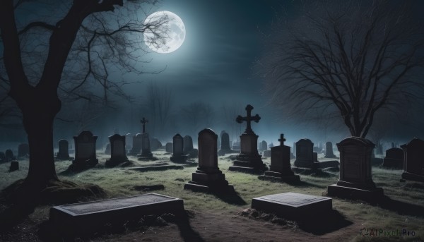 outdoors,sky,cloud,tree,no humans,night,moon,grass,cross,star (sky),night sky,scenery,full moon,bare tree,moonlight,tombstone,graveyard,grave,monochrome,dark,fog