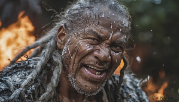 solo,long hair,looking at viewer,open mouth,1boy,braid,white hair,grey hair,male focus,teeth,armor,blurry,blurry background,facial hair,fire,portrait,beard,realistic,manly,old,old man,smile,dark skin,grey eyes,scar,dark-skinned male,scar on face,scar across eye