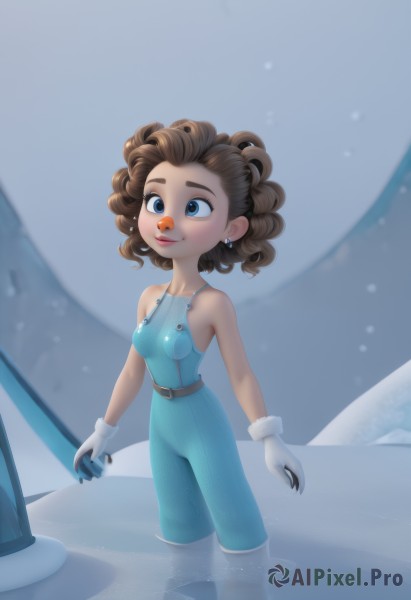 1girl,solo,breasts,smile,short hair,blue eyes,brown hair,gloves,bare shoulders,jewelry,closed mouth,standing,earrings,small breasts,sleeveless,belt,white gloves,medium hair,water,lips,bodysuit,thick eyebrows,snow,wading,curly hair,fur trim,freckles,overalls