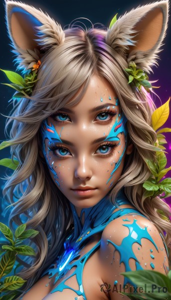 1girl,solo,long hair,breasts,looking at viewer,bangs,blue eyes,blonde hair,brown hair,hair ornament,animal ears,medium breasts,closed mouth,upper body,nude,artist name,lips,gradient,fox ears,gradient background,eyelashes,makeup,glowing,leaf,wavy hair,plant,portrait,eyeshadow,freckles,nose,eyeliner,dripping,mascara,eye focus,cleavage,bare shoulders,flower,hair flower,facepaint,dirty,bodypaint