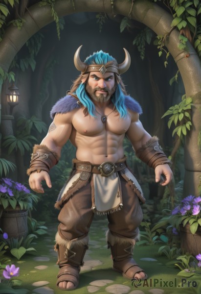 solo,long hair,looking at viewer,blue eyes,brown hair,1boy,navel,jewelry,nipples,blue hair,standing,full body,flower,male focus,boots,horns,belt,pants,necklace,stomach,tree,fur trim,tattoo,muscular,facial hair,abs,thick eyebrows,bug,pectorals,plant,muscular male,nature,bara,pelvic curtain,beard,forest,large pectorals,topless male,mature male,mustache,leather,bare pectorals,brown pants,chest hair,loincloth,navel hair,leather boots,tooth necklace,outdoors,artist name,cape,scar,helmet,fake horns,horned headwear,horned helmet