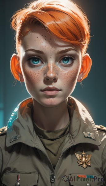 1girl,solo,looking at viewer,short hair,blue eyes,jacket,upper body,parted lips,hair bun,orange hair,uniform,lips,military,eyelashes,military uniform,portrait,zipper,freckles,realistic,nose,badge,dirty,patch,shirt,jewelry,earrings,aqua eyes,backlighting,dirty face