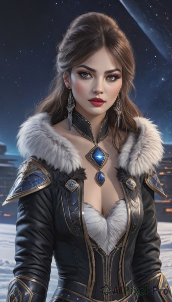 1girl,solo,long hair,breasts,looking at viewer,brown hair,long sleeves,cleavage,brown eyes,jewelry,medium breasts,collarbone,upper body,earrings,outdoors,parted lips,sky,choker,belt,artist name,necklace,armor,lips,coat,fur trim,makeup,night,lipstick,gem,star (sky),night sky,snow,eyeshadow,starry sky,fur collar,nose,red lips,bangs,jacket,black jacket,parted bangs,realistic