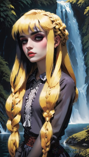 1girl,solo,long hair,breasts,looking at viewer,blush,bangs,blue eyes,blonde hair,shirt,long sleeves,dress,jewelry,very long hair,closed mouth,upper body,braid,sidelocks,earrings,outdoors,parted lips,collared shirt,belt,water,black dress,twin braids,lips,grey eyes,eyelashes,makeup,lipstick,nature,hair over shoulder,eyeshadow,rock,nose,collared dress,center frills,red lips,stud earrings,waterfall,mascara,artist name,pink lips,realistic,eyeliner,crown braid