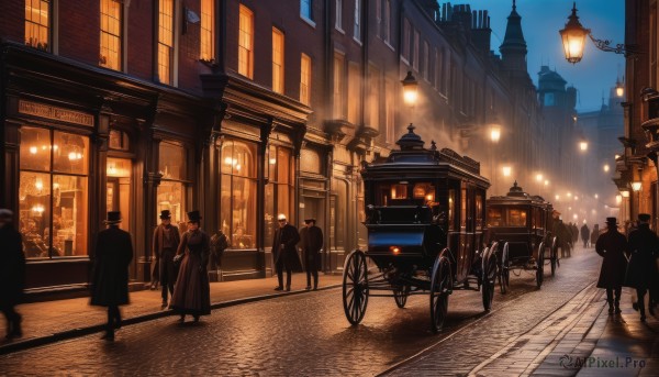 1girl,hat,outdoors,multiple boys,sky,solo focus,coat,window,night,ground vehicle,building,night sky,scenery,motor vehicle,walking,6+boys,city,car,road,lamppost,street,bicycle,crowd,train,people,pavement,6+others,storefront,multiple girls,silhouette,wheelchair