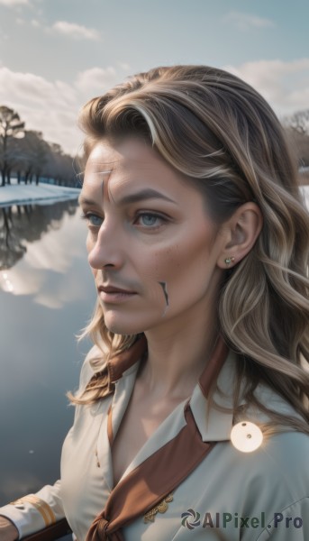 1girl,solo,long hair,blue eyes,blonde hair,brown hair,shirt,jewelry,white shirt,upper body,earrings,outdoors,day,blurry,tree,lips,scar,freckles,realistic,nose,sky,cloud,neckerchief,wavy hair,sunlight,snow,yin yang