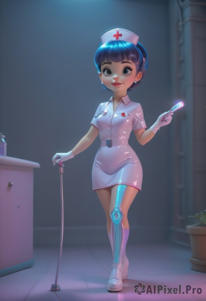 1girl,solo,breasts,looking at viewer,smile,short hair,bangs,gloves,hat,dress,holding,brown eyes,jewelry,medium breasts,blue hair,standing,full body,short sleeves,earrings,small breasts,shiny,indoors,white gloves,white dress,blurry,black eyes,lips,blurry background,short dress,white footwear,plant,pink dress,nurse cap,android,tiles,potted plant,nurse,id card,syringe,latex,prosthesis,stethoscope,latex gloves,black hair,boots,watermark,cross,web address,freckles,red lips,cyborg,holding syringe