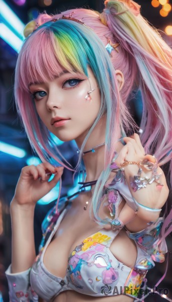 1girl,solo,long hair,breasts,looking at viewer,bangs,blue eyes,blonde hair,hair ornament,cleavage,twintails,jewelry,medium breasts,closed mouth,underwear,blue hair,swimsuit,upper body,pink hair,sidelocks,bikini,multicolored hair,necklace,star (symbol),nail polish,bra,blurry,bracelet,two-tone hair,lips,streaked hair,fingernails,hands up,eyelashes,aqua hair,makeup,depth of field,blurry background,white bikini,bikini top only,pink nails,white bra,star hair ornament,realistic,nose,earphones,multicolored nails,mascara,earbuds,green hair,artist name,ring,bandaid,pink lips,rainbow hair