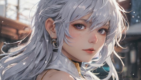 1girl,solo,long hair,looking at viewer,blush,bangs,hair between eyes,bare shoulders,jewelry,purple eyes,white hair,earrings,parted lips,sleeveless,blurry,lips,eyelashes,depth of field,blurry background,portrait,light particles,close-up,freckles,nose,grey hair,from side,looking to the side,crescent,realistic