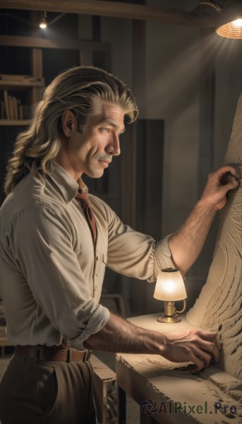 solo,long hair,blonde hair,brown hair,shirt,long sleeves,1boy,holding,brown eyes,closed mouth,standing,white shirt,male focus,cowboy shot,necktie,collared shirt,belt,pants,indoors,from side,lips,book,dress shirt,profile,facial hair,scar,black pants,sleeves rolled up,open book,realistic,bookshelf,reading,light,brown belt,lamp,brown pants,arm hair,blue eyes,signature,table,paper,old,old man