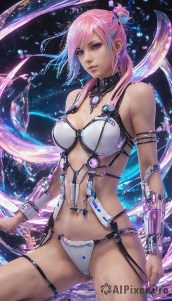 1girl,solo,long hair,breasts,looking at viewer,bangs,blue eyes,hair ornament,navel,cleavage,bare shoulders,jewelry,medium breasts,underwear,purple eyes,panties,swimsuit,pink hair,bikini,multicolored hair,parted lips,lips,thigh strap,revealing clothes,armlet,realistic,bikini armor,choker,side ponytail,piercing