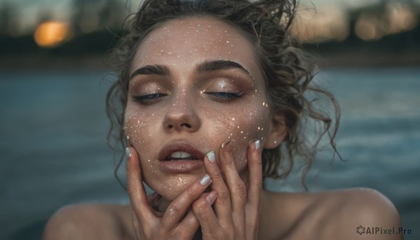 1girl,solo,short hair,brown hair,black hair,bare shoulders,jewelry,collarbone,closed eyes,nude,earrings,parted lips,teeth,dark skin,water,nail polish,blurry,dark-skinned female,lips,fingernails,wet,hands up,depth of field,blurry background,thick eyebrows,portrait,facing viewer,partially submerged,blue nails,freckles,realistic,nose,wet hair,very dark skin,eyelashes,sparkle,makeup,ground vehicle,messy hair,motor vehicle,car