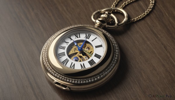 no humans,shadow,chain,from above,table,watch,wooden floor,clock,pocket watch,still life,roman numeral,wooden table,knife,gears,analog clock