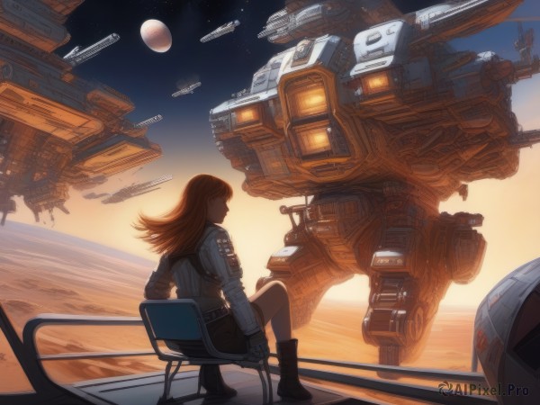 1girl,solo,long hair,brown hair,gloves,sitting,boots,sky,shorts,from behind,ocean,chair,moon,robot,star (sky),mecha,machinery,science fiction,sunset,space,planet,alien,spacecraft,scenery,realistic,sun,horizon,earth (planet),spacesuit,desert