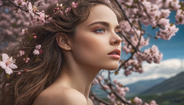 1girl, solo, long hair, blue eyes, brown hair, jewelry, flower, earrings, outdoors, parted lips, sky, day, blurry, lips, depth of field, looking up, cherry blossoms, realistic, nose