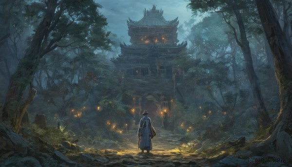 solo,long hair,black hair,1boy,standing,male focus,outdoors,japanese clothes,sky,cloud,from behind,tree,night,glowing,building,nature,scenery,forest,lantern,architecture,wide shot,east asian architecture,stone lantern,pagoda,cloudy sky,hakama,rock,dark,fireflies