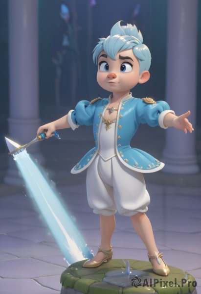 1girl,solo,smile,short hair,blue eyes,holding,jewelry,closed mouth,blue hair,standing,jacket,full body,weapon,open clothes,puffy sleeves,pants,sword,artist name,water,necklace,holding weapon,blurry,open jacket,blurry background,holding sword,sandals,thick eyebrows,blue jacket,child,magic,pillar,blue coat,glowing weapon,glowing sword,1boy,white hair,male focus,male child