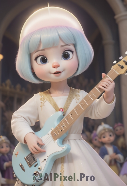 1girl,looking at viewer,smile,short hair,open mouth,bangs,blue eyes,multiple girls,long sleeves,hat,dress,holding,blue hair,standing,parted lips,multiple boys,solo focus,artist name,indoors,white dress,blurry,black eyes,depth of field,blurry background,white headwear,instrument,child,music,guitar,female child,playing instrument,holding instrument,electric guitar,crowd,bass guitar,lute (instrument),teeth,4girls