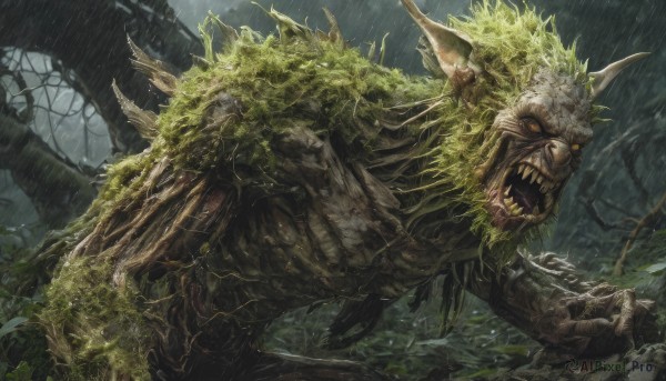 solo,open mouth,yellow eyes,outdoors,horns,teeth,tree,no humans,glowing,leaf,fangs,plant,sharp teeth,glowing eyes,rain,monster,ruins,moss,overgrown,spikes,fantasy,dragon,giant,vines