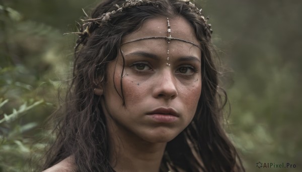 1girl,solo,long hair,looking at viewer,brown hair,black hair,hair ornament,brown eyes,outdoors,parted lips,artist name,blurry,lips,depth of field,blurry background,portrait,freckles,circlet,realistic,nose,head chain,closed mouth,mole,eyelashes,expressionless