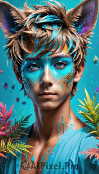 solo,looking at viewer,short hair,bangs,blue eyes,blonde hair,brown hair,shirt,1boy,animal ears,closed mouth,blue hair,collarbone,upper body,male focus,multicolored hair,artist name,cat ears,blurry,lips,streaked hair,fox ears,eyelashes,leaf,watermark,blue background,facial mark,blue shirt,plant,portrait,realistic,nose,facepaint,paint splatter,paint splatter on face,two-tone hair,freckles,bodypaint