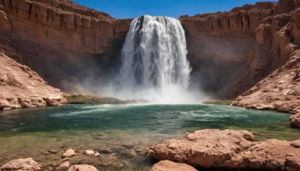 outdoors,sky,day,water,blue sky,no humans,grass,nature,scenery,rock,mountain,river,waterfall,landscape,cliff,cloud