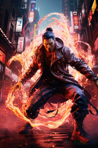 A male captured in a dynamic fiery outdoors