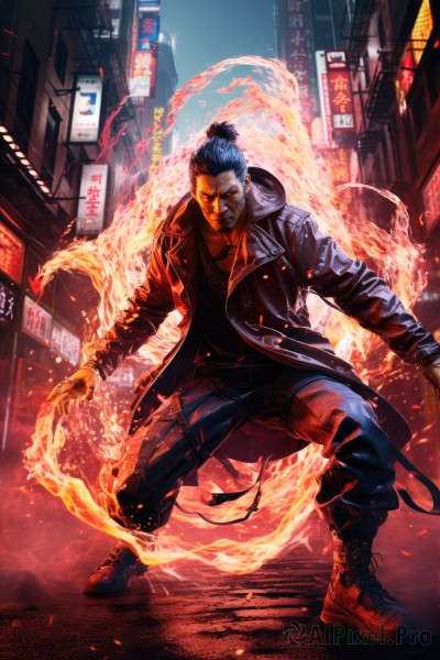 solo,looking at viewer,shirt,black hair,long sleeves,1boy,closed mouth,standing,jacket,full body,male focus,boots,outdoors,open clothes,pants,hood,open jacket,coat,black jacket,black shirt,night,glowing,scar,black pants,fire,building,red footwear,scar on face,city,fighting stance,scar across eye,topknot,leather jacket,pyrokinesis,short hair,jewelry,blue hair,weapon,sky,hair bun,single hair bun,cityscape,leather,city lights,cyberpunk,neon lights