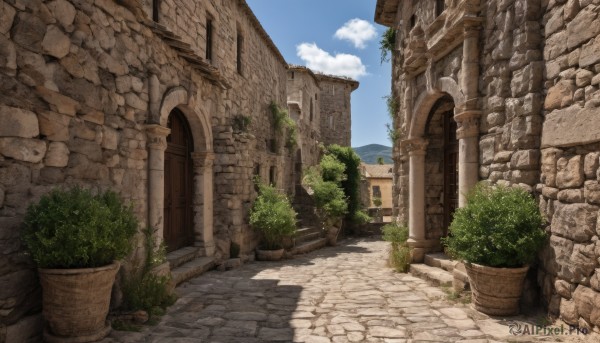 outdoors,sky,day,cloud,tree,blue sky,no humans,window,grass,plant,building,scenery,stairs,door,potted plant,road,bush,wall,ruins,brick wall,arch,stone wall,shadow,cloudy sky,pillar,path,column,pavement