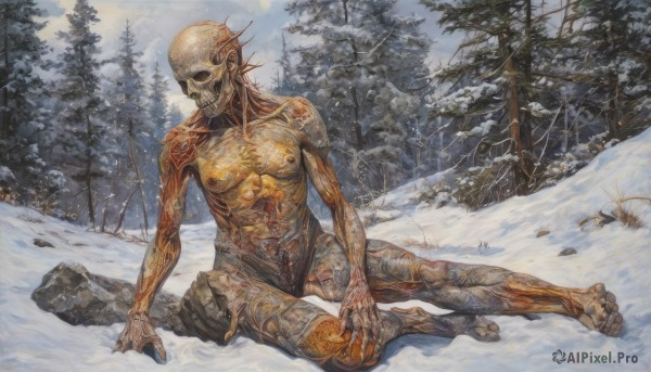 solo,1boy,sitting,nipples,weapon,male focus,outdoors,tree,no humans,blood,nature,snow,forest,skull,monster,rock,snowing,bald,winter,ribs,skeleton,bare tree,death,guro,corpse,pine tree,teeth,scenery,claws