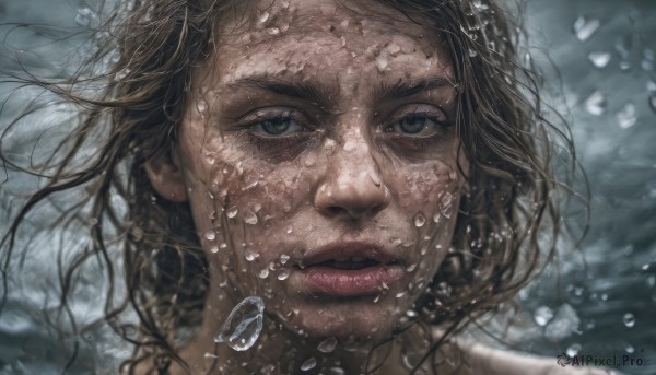 1girl,solo,long hair,looking at viewer,brown hair,brown eyes,closed mouth,green eyes,water,blurry,lips,wet,portrait,close-up,freckles,bubble,water drop,underwater,realistic,nose,air bubble,wet hair,short hair,black hair,parted lips,eyelashes,floating hair,messy hair,dirty