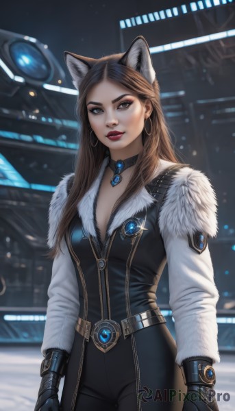 1girl,solo,long hair,breasts,looking at viewer,brown hair,gloves,long sleeves,animal ears,cleavage,brown eyes,jewelry,medium breasts,standing,jacket,cowboy shot,earrings,choker,black gloves,belt,pants,cat ears,mole,blurry,lips,fur trim,makeup,blurry background,black pants,lipstick,gem,eyeshadow,zipper,hoop earrings,red lips,eyeliner,parted lips,artist name,signature,necklace,vest,coat,grey eyes,bodysuit,black choker,wolf ears,extra ears,forehead,realistic,nose