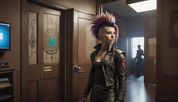 1girl,breasts,short hair,shirt,1boy,cleavage,brown eyes,jewelry,medium breasts,standing,collarbone,jacket,ponytail,pink hair,purple hair,multicolored hair,earrings,open clothes,solo focus,belt,pants,indoors,necklace,two-tone hair,open jacket,lips,black jacket,black shirt,makeup,black pants,piercing,denim,spiked hair,ear piercing,buckle,cropped jacket,black belt,belt buckle,realistic,nose,door,emblem,computer,leather,undercut,badge,dog tags,leather jacket,open door,doorway,mohawk,cyberpunk,chain necklace,studded belt,cabinet,opening door,leather pants,solo,tattoo