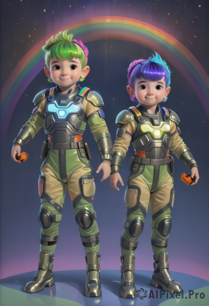 looking at viewer,smile,short hair,bangs,multiple girls,holding,2girls,brown eyes,jewelry,closed mouth,blue hair,standing,full body,pink hair,purple hair,multicolored hair,earrings,boots,food,green hair,armor,black eyes,two-tone hair,fruit,space,knee pads,shoulder pads,rainbow,1girl,1boy,hairband,multiple boys,2boys,eating,star (sky)