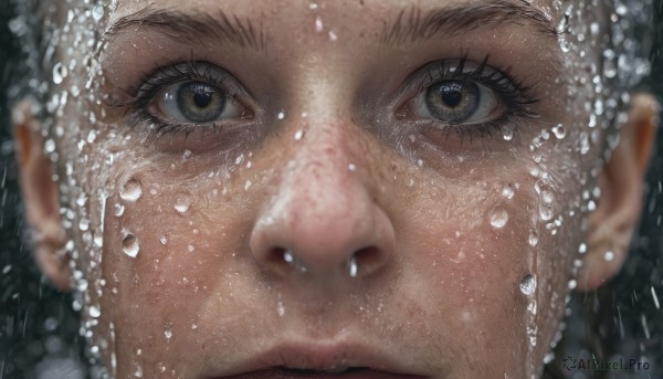 1girl,solo,looking at viewer,black hair,brown eyes,water,blurry,lips,wet,eyelashes,portrait,close-up,freckles,reflection,rain,bubble,water drop,realistic,nose,eye focus,tears