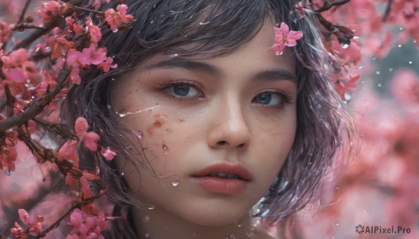 1girl, solo, looking at viewer, short hair, bangs, blue eyes, black hair, flower, parted lips, teeth, blurry, lips, eyelashes, depth of field, blurry background, cherry blossoms, portrait, close-up, pink flower, freckles, water drop, realistic, nose, branch