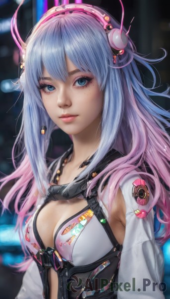 1girl,solo,long hair,breasts,looking at viewer,bangs,blue eyes,cleavage,medium breasts,closed mouth,blue hair,upper body,pink hair,multicolored hair,artist name,blurry,two-tone hair,lips,clothing cutout,eyelashes,bodysuit,gradient hair,makeup,depth of field,blurry background,headphones,cleavage cutout,eyeshadow,freckles,science fiction,pink lips,realistic,nose,small breasts,headgear,cyberpunk