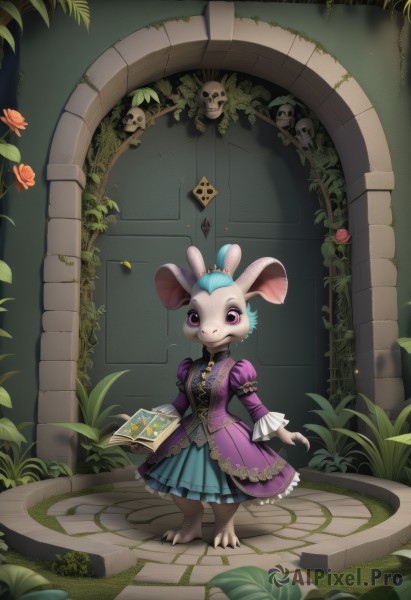 1girl,solo,looking at viewer,smile,long sleeves,dress,holding,animal ears,blue hair,standing,purple eyes,full body,flower,frills,puffy sleeves,pink eyes,book,leaf,grass,crown,plant,furry,holding book,skull,open book,card,mouse ears,furry female,vines,mushroom,playing card,spade (shape),buck teeth,tail,artist name,rabbit ears,rose,frilled dress,claws,purple dress,rabbit