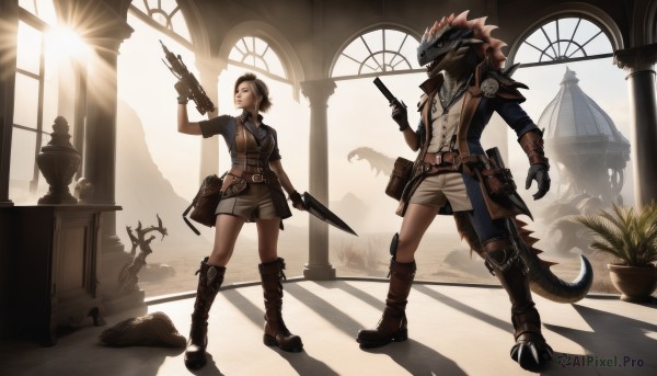 1girl,short hair,skirt,brown hair,shirt,gloves,1boy,hat,holding,standing,jacket,tail,weapon,boots,horns,shorts,belt,sword,indoors,bag,holding weapon,armor,gun,window,shadow,brown footwear,sunlight,knee boots,knife,plant,holding gun,claws,rifle,handgun,backlighting,pouch,dragon tail,potted plant,scales,holster,belt pouch,statue,cactus,necktie,coat,dual wielding,monster,dagger,revolver,gunblade