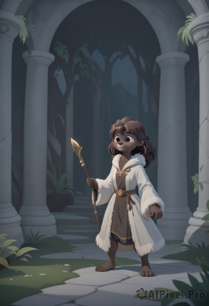 1girl,solo,long hair,smile,brown hair,long sleeves,holding,animal ears,brown eyes,standing,full body,weapon,male focus,outdoors,barefoot,belt,dark skin,hood,black eyes,tree,coat,fur trim,night,staff,nature,furry,forest,robe,stairs,holding staff,furry female,white coat,pillar,brown fur,white robe,column,open mouth,bangs,dress,closed mouth,tail,open clothes,artist name,signature,wide sleeves,medium hair,holding weapon,flat chest,:3,grass,plant,body fur,white fur,fur-trimmed coat,hooded coat,two-tone fur,moss