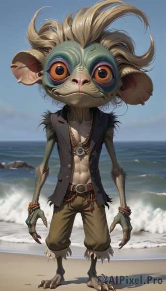 solo,looking at viewer,1boy,navel,jewelry,standing,full body,male focus,outdoors,open clothes,sky,shorts,barefoot,day,belt,pants,water,necklace,vest,bracelet,blue sky,orange eyes,open shirt,colored skin,ocean,beach,ring,monster girl,claws,furry,colored sclera,sand,brown pants,open vest,talons,digitigrade,blonde hair,animal ears,closed mouth,fingernails,torn clothes,no humans,buttons,abs,horizon,unbuttoned,bangle,brown belt,furry male,yellow sclera,tooth necklace