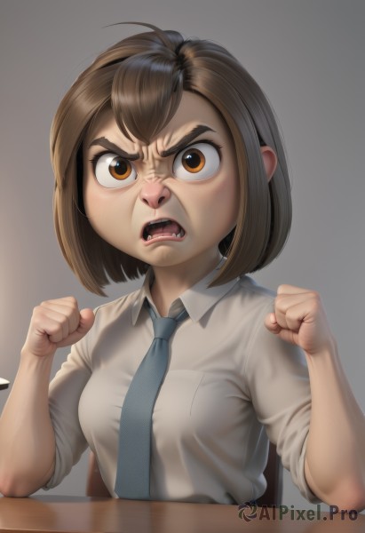 1girl,solo,breasts,looking at viewer,short hair,open mouth,bangs,simple background,brown hair,shirt,brown eyes,sitting,school uniform,white shirt,upper body,small breasts,necktie,teeth,shiny,collared shirt,artist name,grey background,v-shaped eyebrows,hands up,frown,chair,table,bob cut,thick eyebrows,wing collar,angry,sleeves rolled up,clenched hands,pocket,blue necktie,realistic,nose,furrowed brow,breast pocket,sanpaku,lips,desk