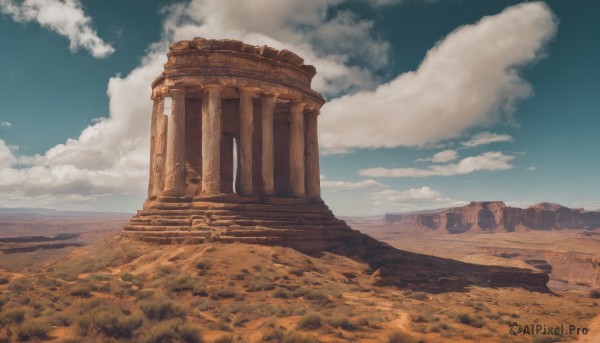 outdoors,sky,day,cloud,blue sky,no humans,cloudy sky,grass,scenery,mountain,sand,horizon,field,pillar,landscape,desert,rock,ruins,arch,column