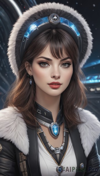 1girl,solo,long hair,breasts,looking at viewer,bangs,brown hair,shirt,hat,brown eyes,jewelry,jacket,white shirt,upper body,earrings,parted lips,artist name,necklace,blurry,lips,coat,black jacket,fur trim,eyelashes,makeup,blurry background,lipstick,gem,pendant,realistic,nose,red lips,fur-trimmed jacket,fur collar