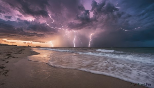 outdoors, sky, cloud, water, dutch angle, no humans, ocean, beach, cloudy sky, scenery, sunset, sand, horizon, electricity, road, waves, lightning, shore