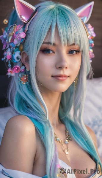 1girl,solo,long hair,breasts,looking at viewer,smile,bangs,blue eyes,hair ornament,animal ears,cleavage,bare shoulders,jewelry,medium breasts,closed mouth,blue hair,upper body,flower,multicolored hair,earrings,japanese clothes,cat ears,hair flower,necklace,blurry,lips,looking to the side,eyelashes,aqua hair,makeup,fake animal ears,realistic,nose,artist name,kimono,portrait