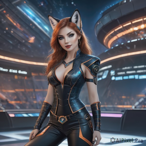 1girl,solo,long hair,breasts,looking at viewer,blue eyes,large breasts,brown hair,animal ears,cleavage,jewelry,medium breasts,standing,cowboy shot,earrings,parted lips,belt,pants,artist name,cat ears,necklace,nail polish,orange hair,mole,blurry,lips,bodysuit,makeup,night,blurry background,black pants,lipstick,ground vehicle,black nails,motor vehicle,armlet,hoop earrings,red lips,car,smile,red hair,grey eyes,fox ears,fake animal ears,wavy hair,fox girl,curly hair,realistic,tight,lights